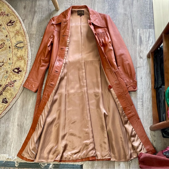 Vintage 1970s Split End Rust Orange 100% Leather Long Belted Trench Coat - Picture 16 of 17